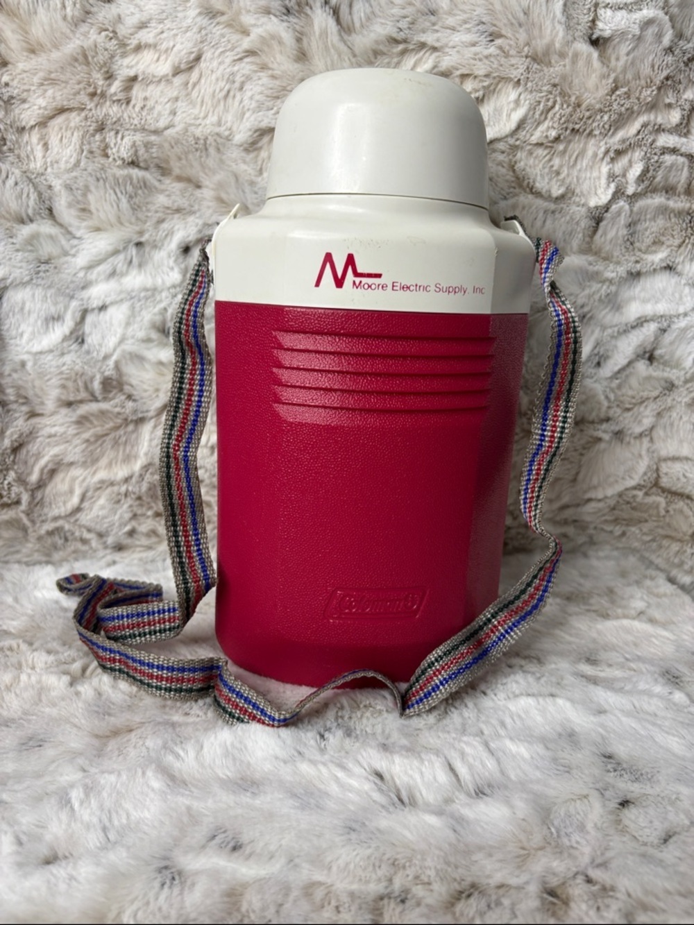Coleman Red and White Insulated Beverage Jug with Striped Strap. Never Used